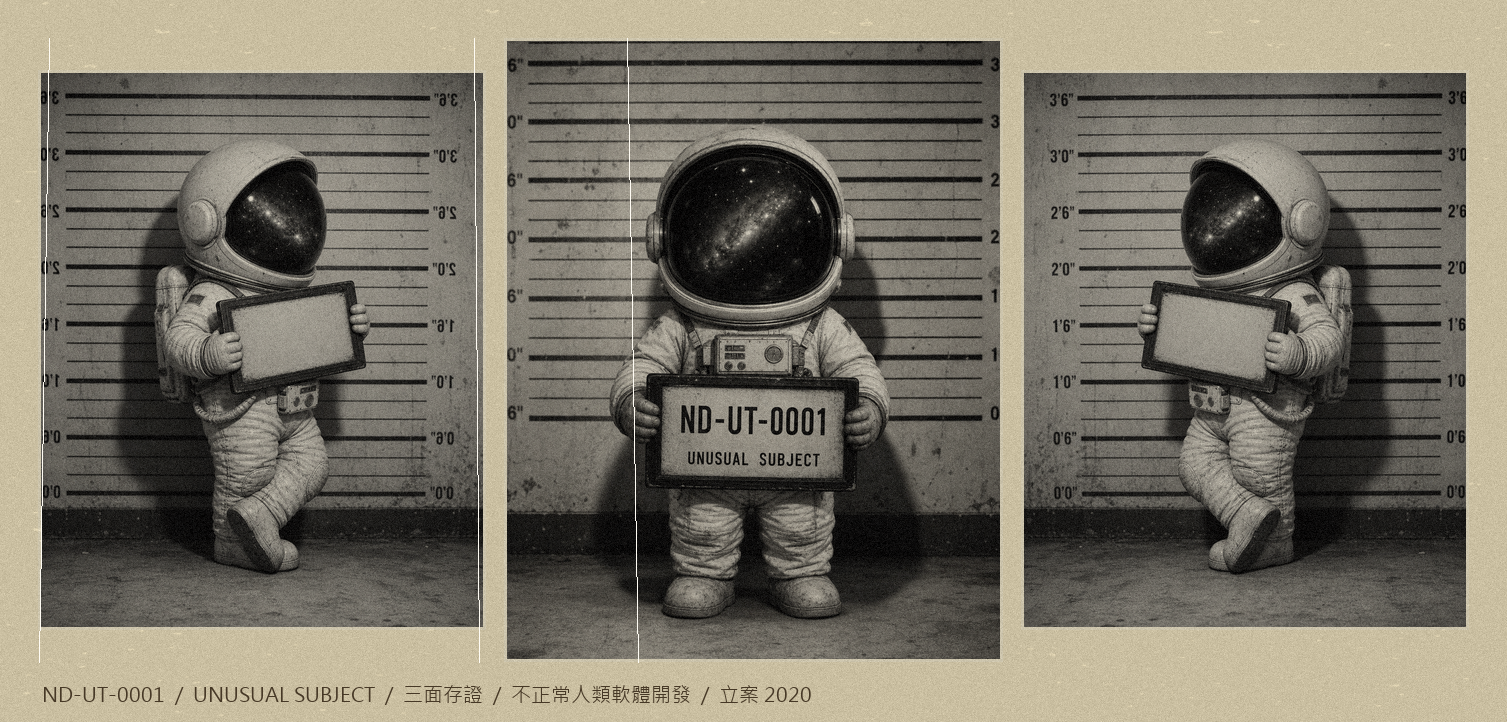 嫌疑人三面入案存證照：太空人寶寶，案號 ND-UT-0001。罪名——嚴重影響社群演算法、嚴重破壞系統維護生態、嚴重擾亂市場競爭秩序。
